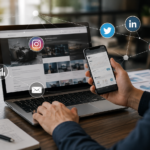 Profissional integrando site com redes sociais e ferramentas de marketing digital em notebook e smartphone para aumentar alcance, engajamento e conversões online