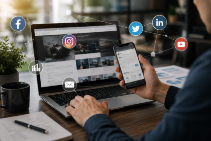 Profissional integrando site com redes sociais e ferramentas de marketing digital em notebook e smartphone para aumentar alcance, engajamento e conversões online
